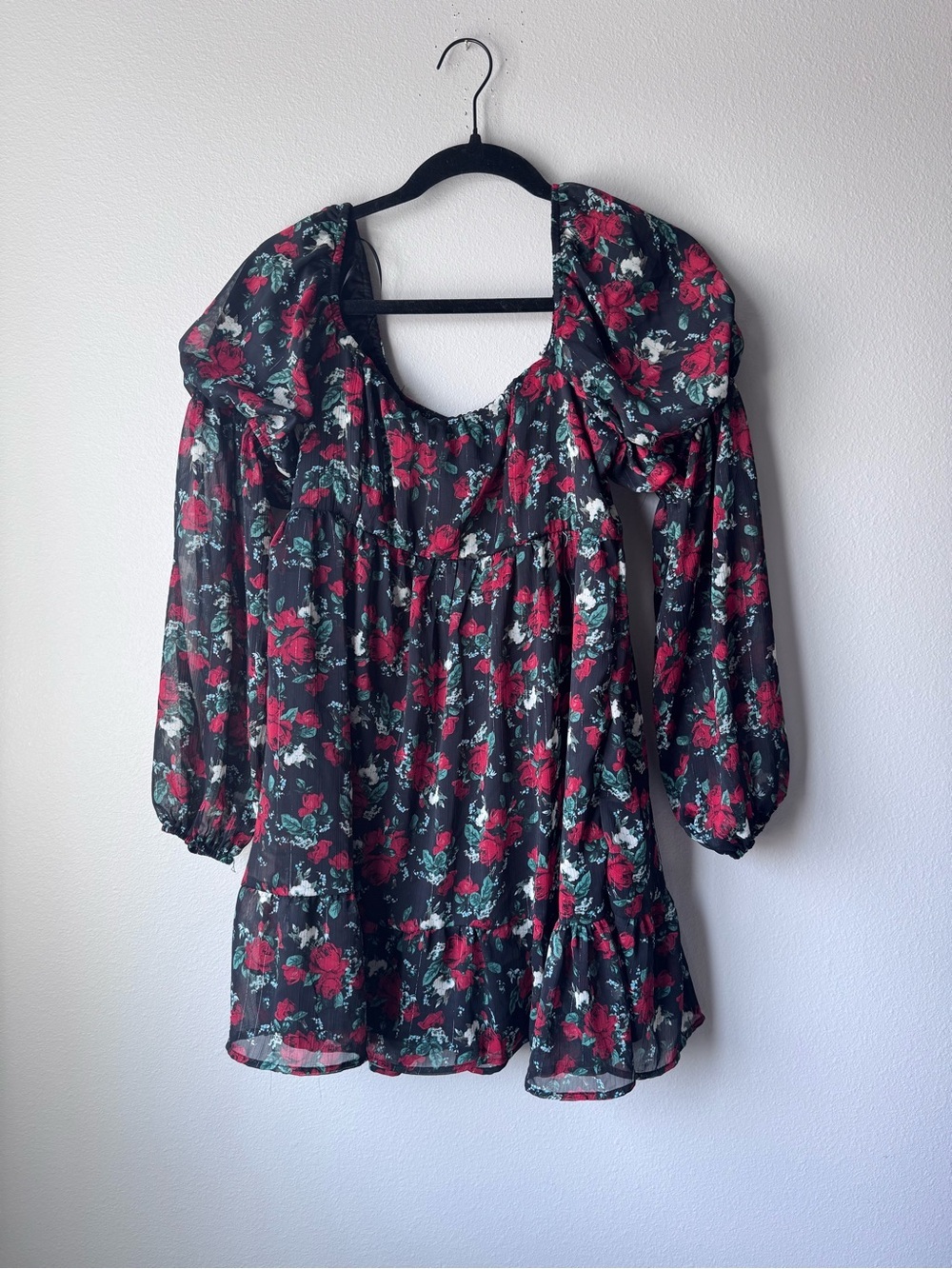 mi ami Black Dress with Red Roses and Green Leaves